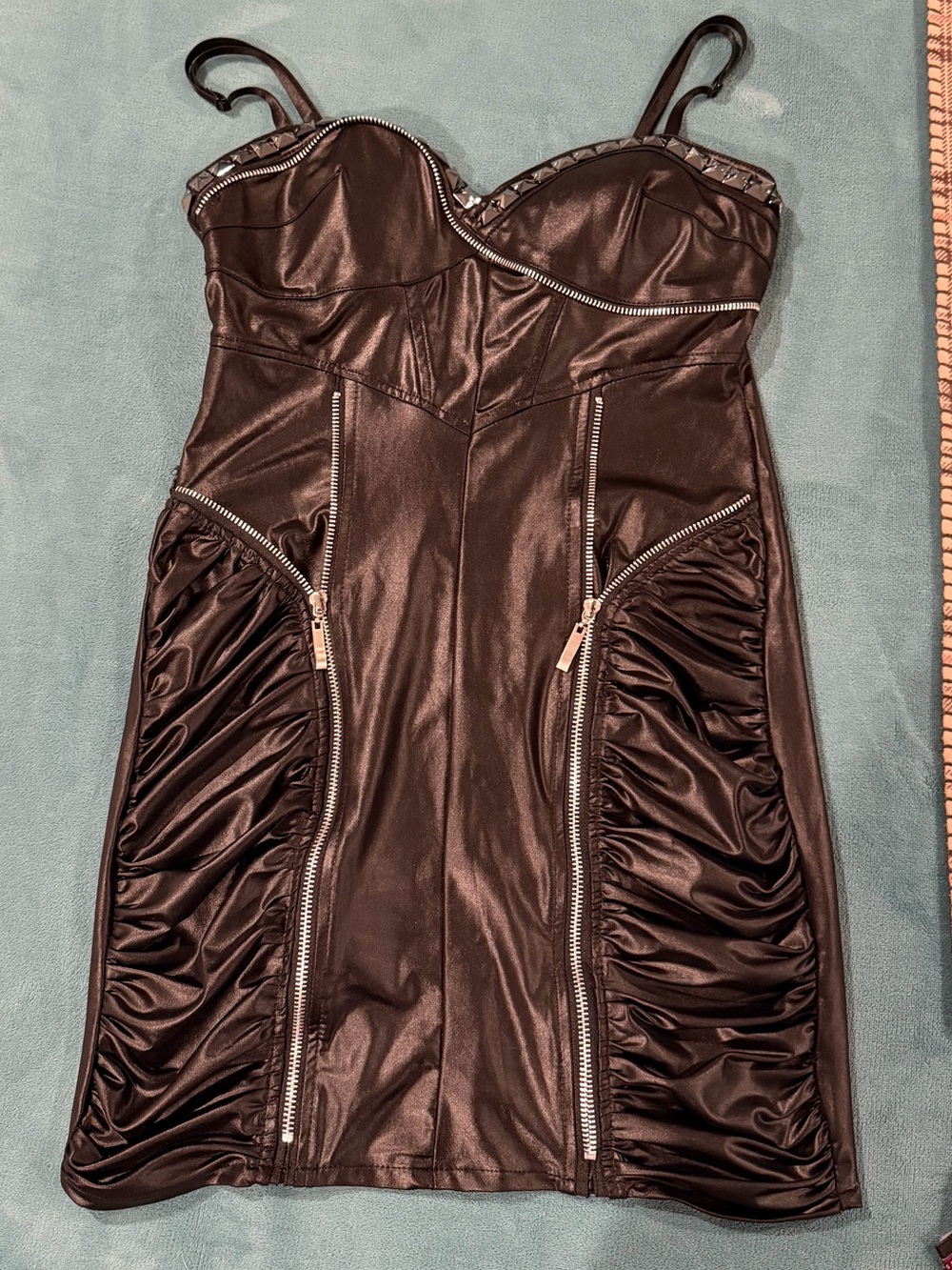 Entry Black Faux Leather Ruched Mini Dress with Zippers